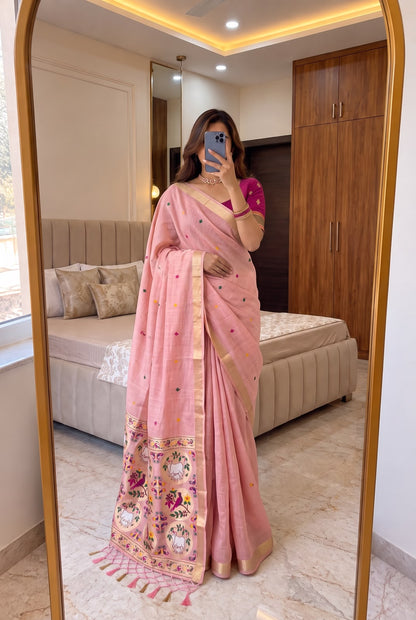 Demesne Pink Pure Munga Cotton Silk Saree With Felicitous Blouse Piece