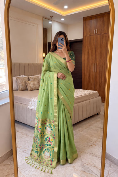 Improbable Pista Pure Munga Cotton Silk Saree With Proficient Blouse Piece