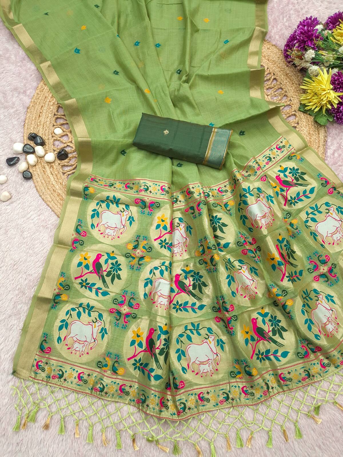 Improbable Pista Pure Munga Cotton Silk Saree With Proficient Blouse Piece