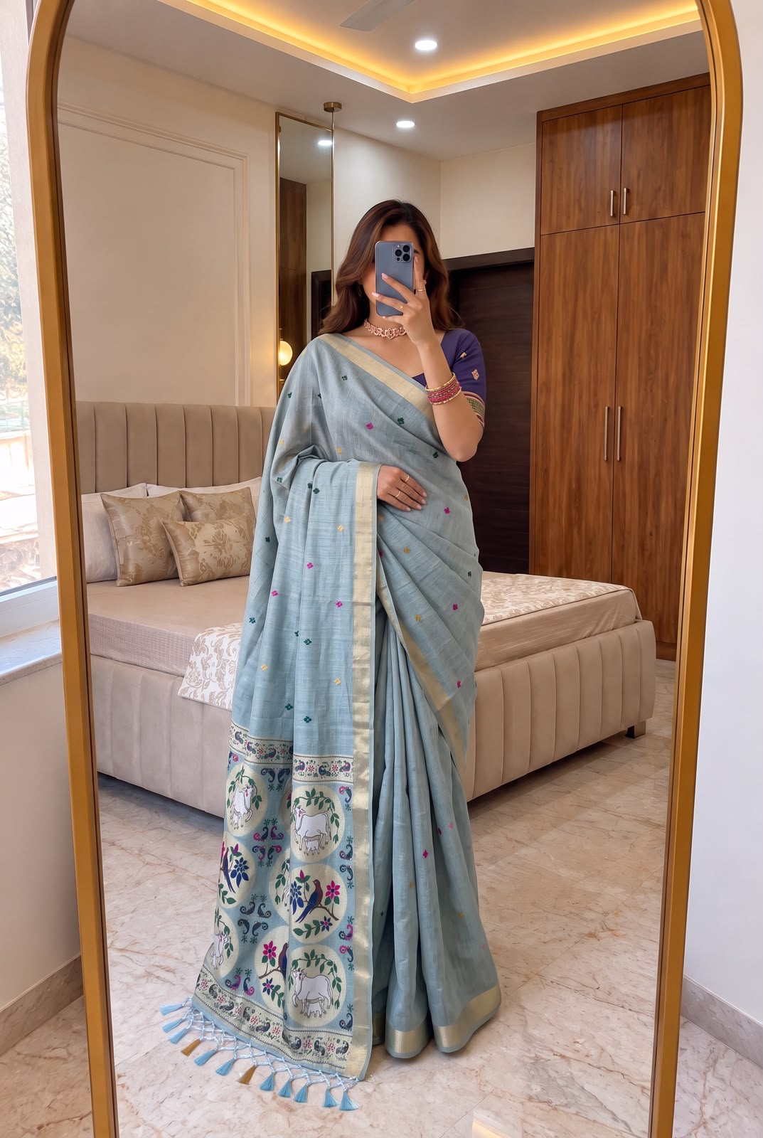 Beautiful Sky Pure Munga Cotton Silk Saree With Blooming Blouse Piece