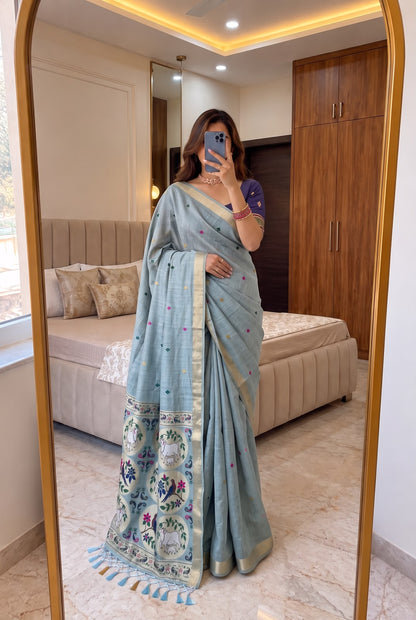Beautiful Sky Pure Munga Cotton Silk Saree With Blooming Blouse Piece