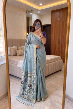 Beautiful Sky Pure Munga Cotton Silk Saree With Blooming Blouse Piece