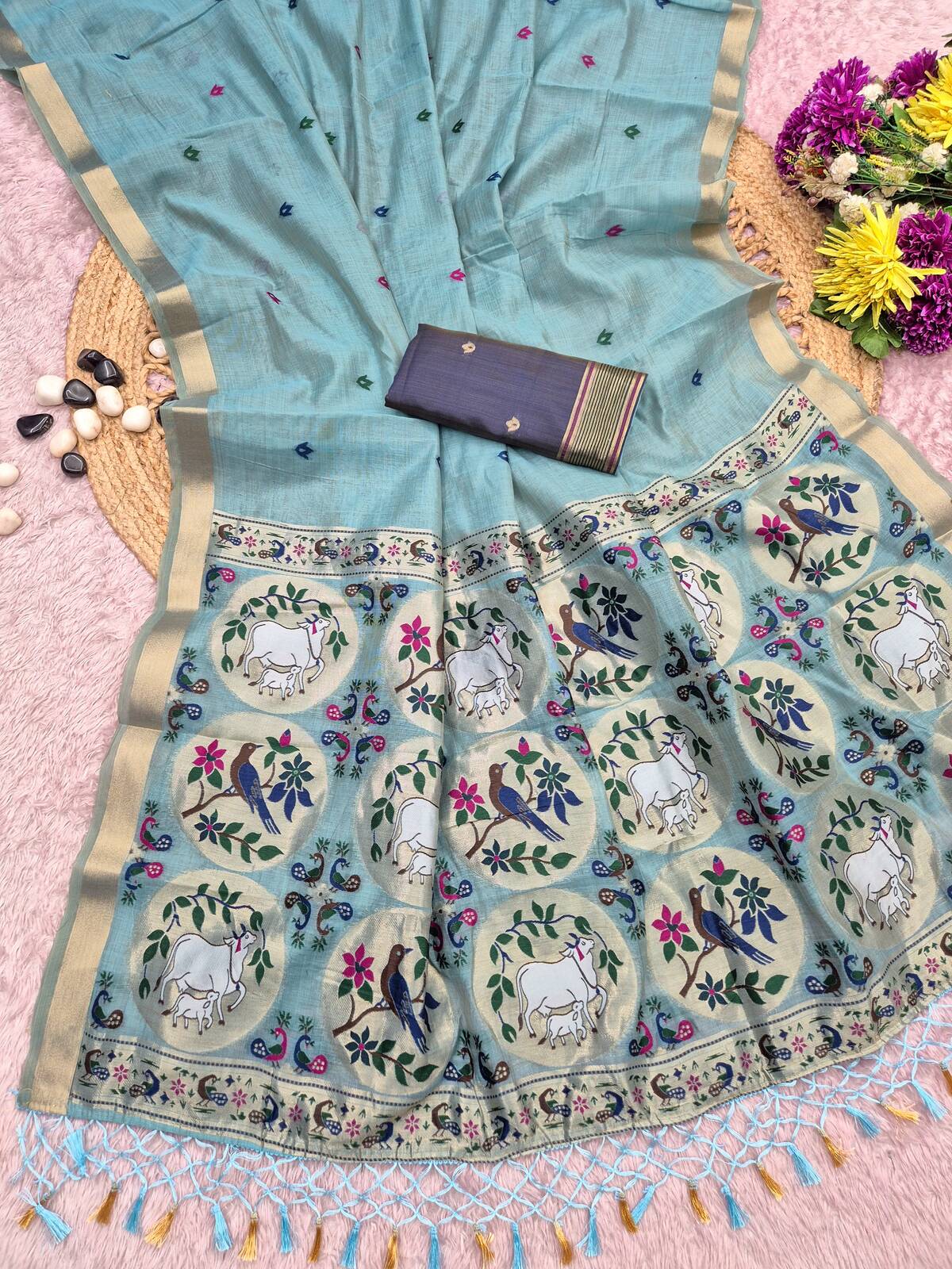 Beautiful Sky Pure Munga Cotton Silk Saree With Blooming Blouse Piece