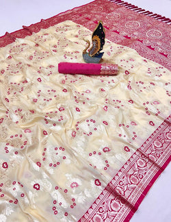 Gleaming Beige Soft Banarasi Silk Saree With Glowing Blouse Piece