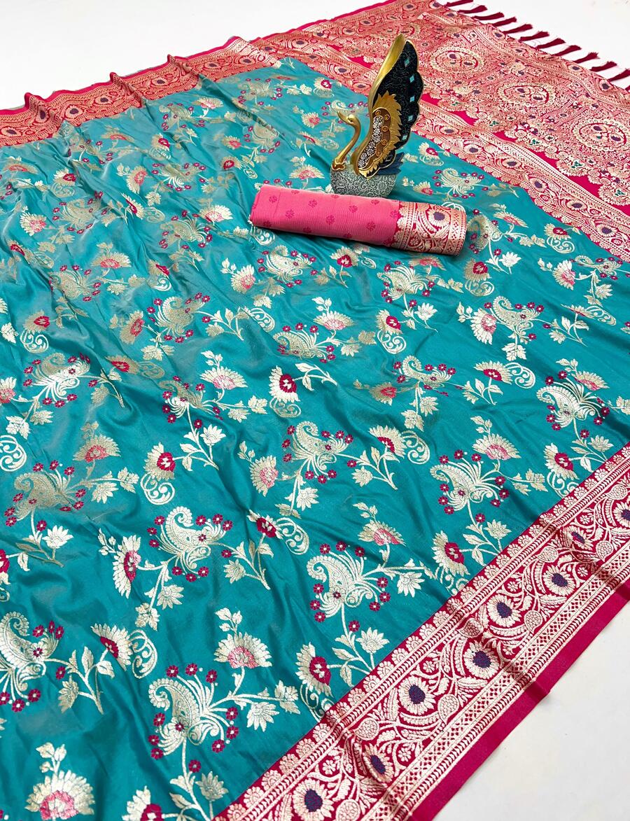 Vibrant Firozi Soft Banarasi Silk Saree With Stunning Blouse Piece
