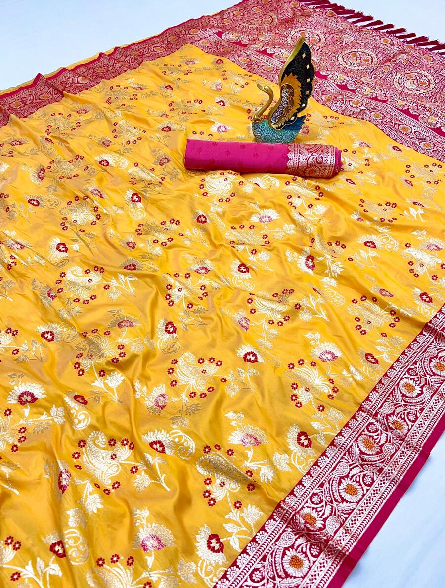Fantabulous Yellow Soft Banarasi Silk Saree With Epiphany Blouse Piece
