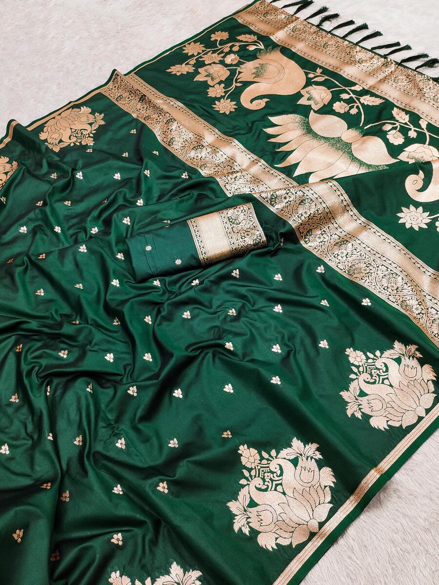 Outstanding Dark Green Soft Banarasi Satin Silk Saree With Appealing Blouse