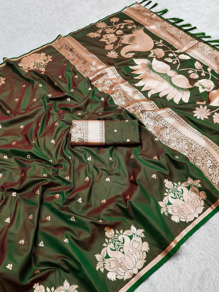Elision Green Soft Banarasi Satin Silk Saree With Super classy Blouse