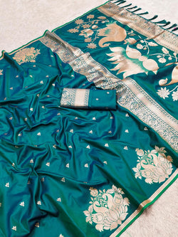Impressive Rama Soft Banarasi Satin Silk Saree With Fairytale Blouse