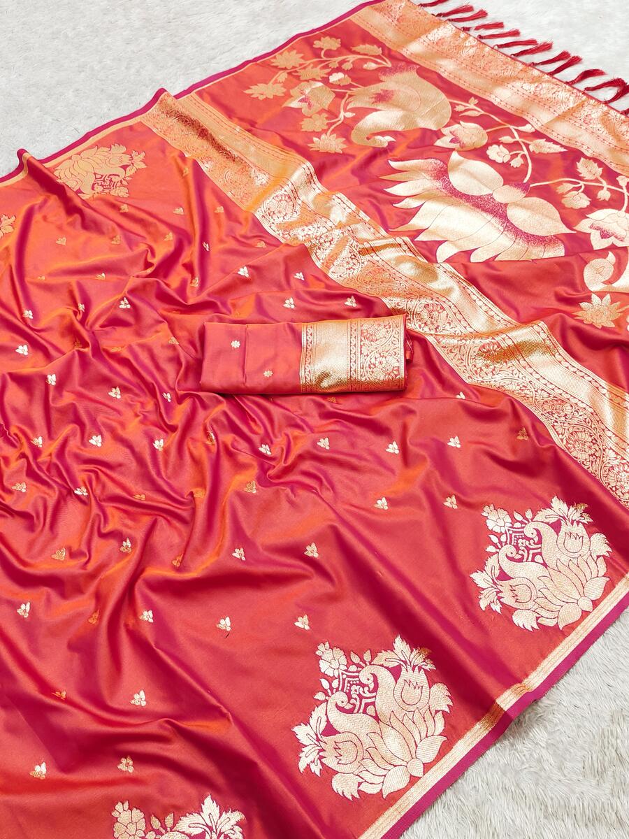 Embrocation Red Soft Banarasi Satin Silk Saree With Scintillating Blouse