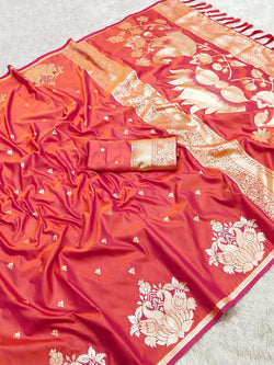 Embrocation Red Soft Banarasi Satin Silk Saree With Scintillating Blouse