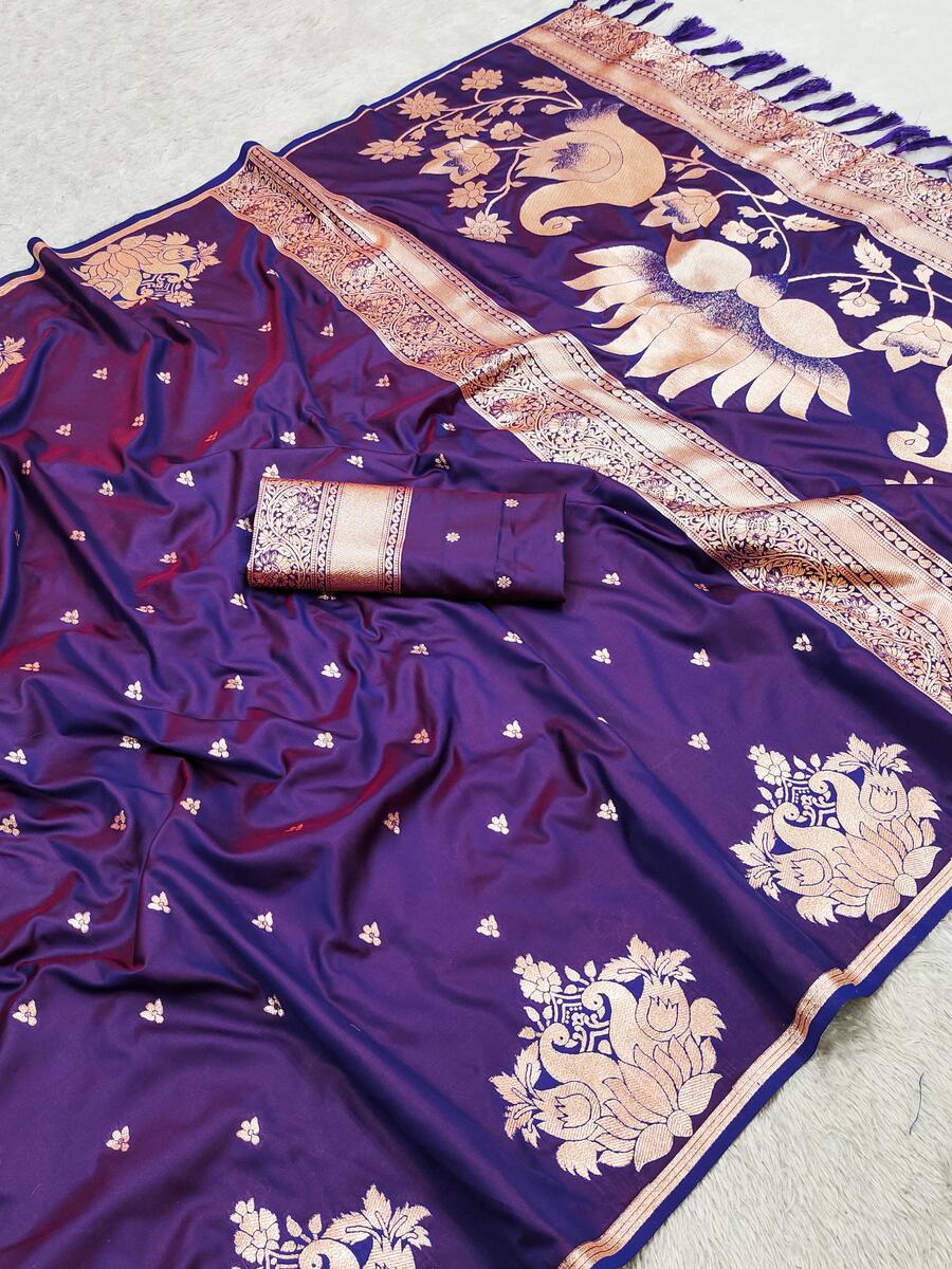 Smashing Royal Purple Soft Banarasi Satin Silk Saree With Jubilant Blouse