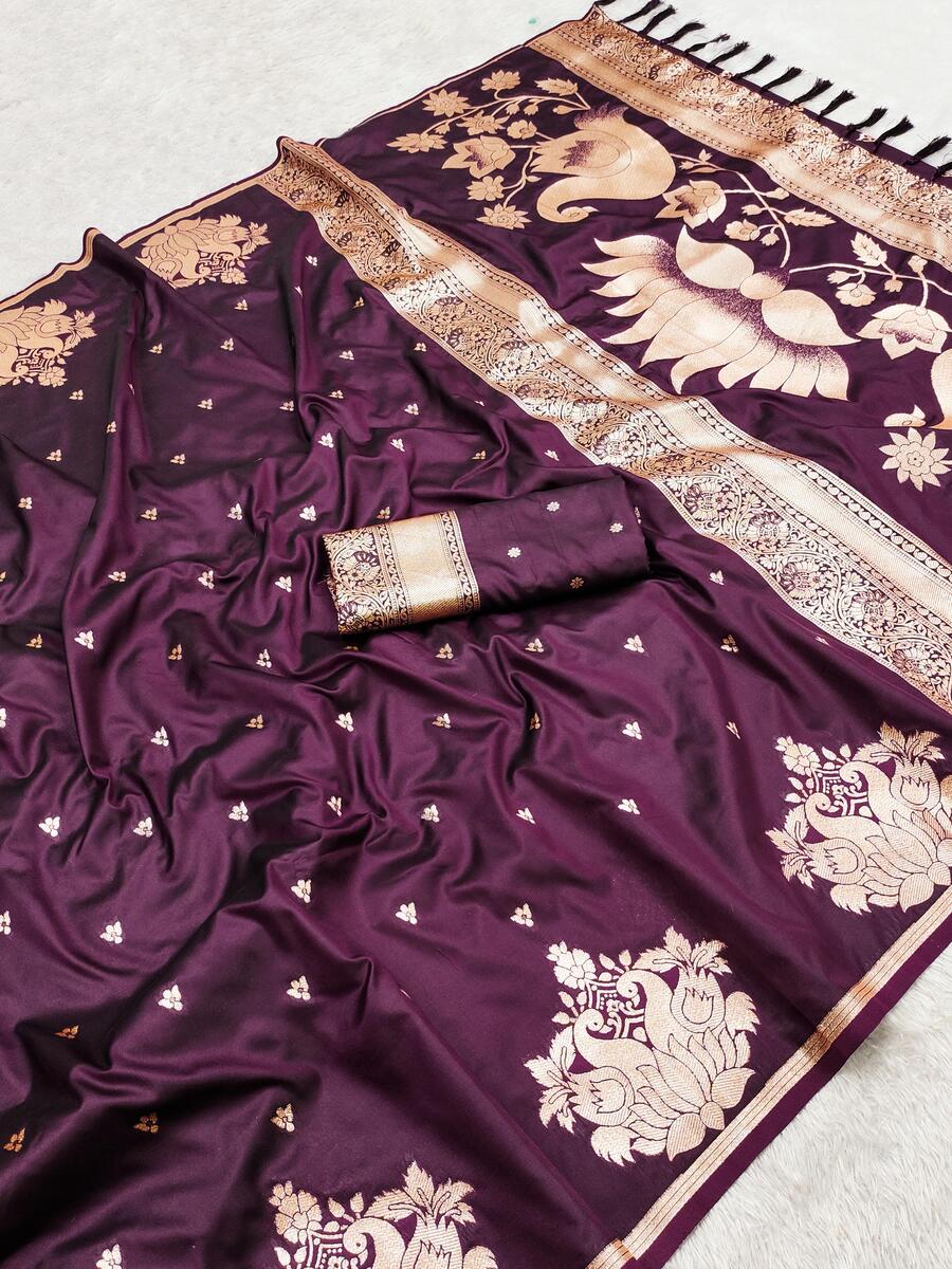 Demesne Wine Soft Banarasi Silk Saree With Amazing Blouse Piece