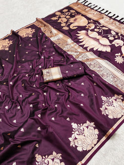 Demesne Wine Soft Banarasi Silk Saree With Amazing Blouse Piece