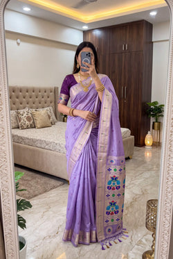 Cynosure Lavender Munga Cotton Paithani Silk Saree With Redolent Blouse Piece