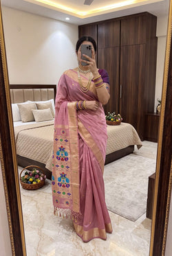 Lissome Pink Munga Cotton Paithani Silk Saree With Alluring Blouse Piece