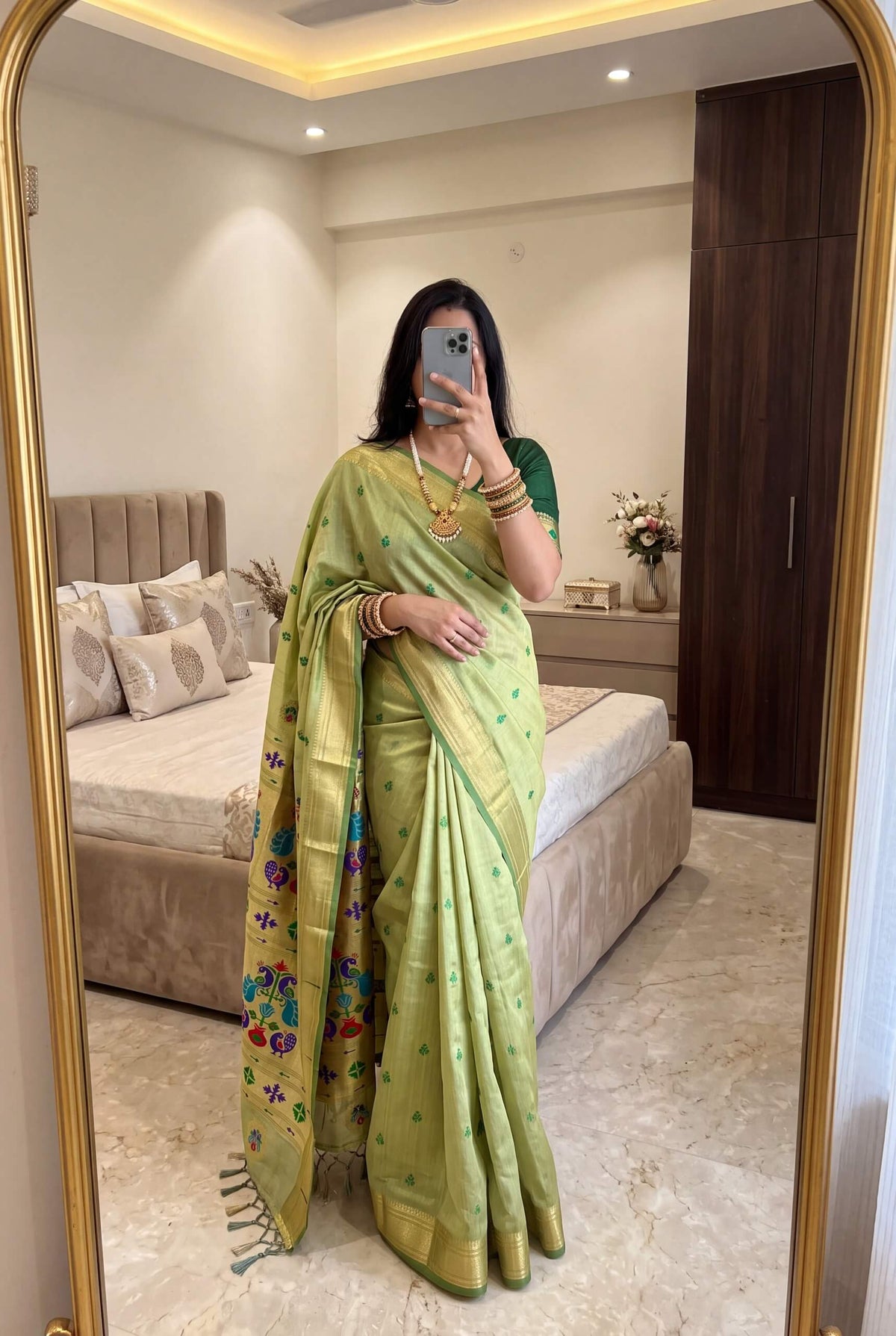 Sempiternal Pista Munga Cotton Paithani Silk Saree With Embellished Blouse Piece