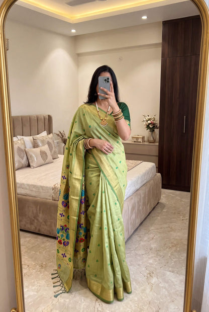 Sempiternal Pista Munga Cotton Paithani Silk Saree With Embellished Blouse Piece
