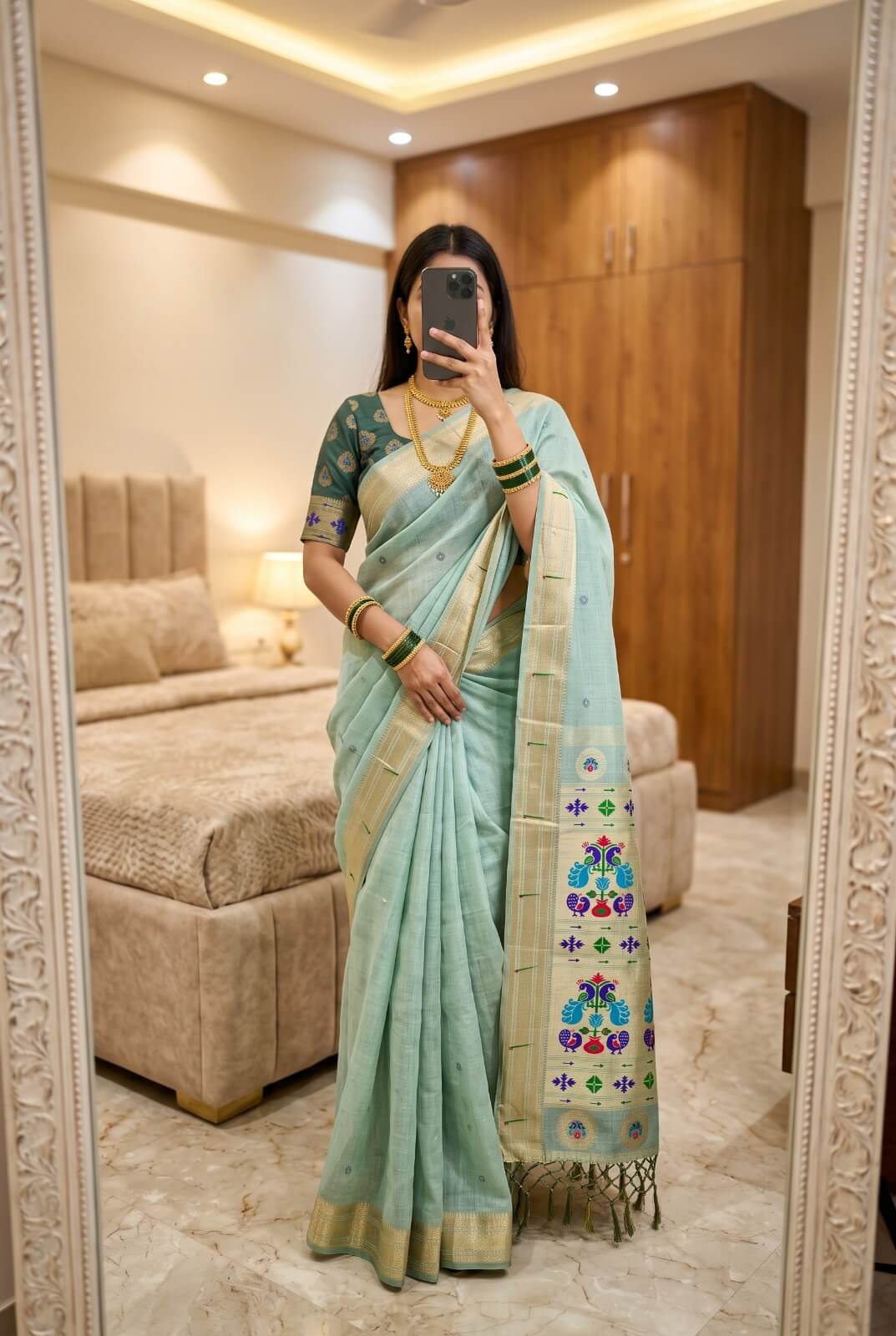 Vivacious Sky Munga Cotton Paithani Silk Saree With Snappy Blouse Piece