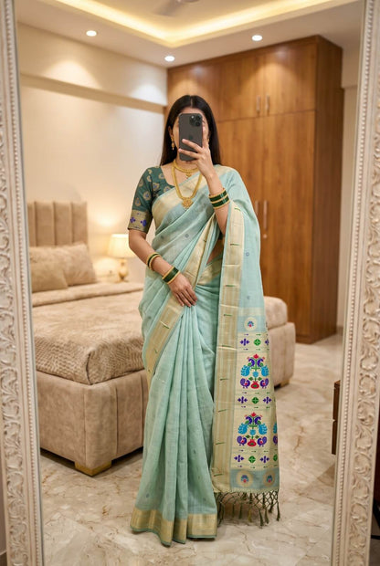 Vivacious Sky Munga Cotton Paithani Silk Saree With Snappy Blouse Piece