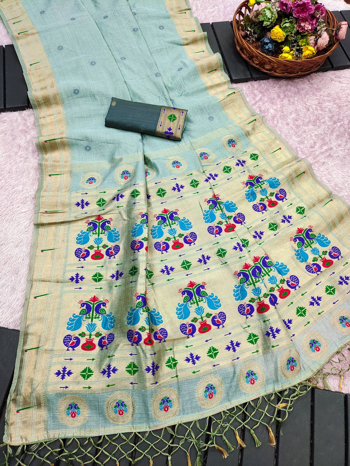 Vivacious Sky Munga Cotton Paithani Silk Saree With Snappy Blouse Piece