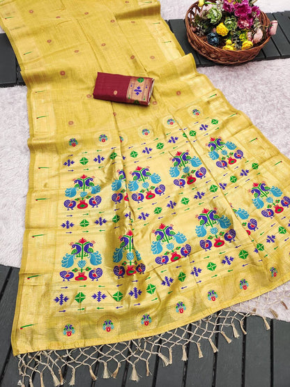Transcendent Yellow Munga Cotton Paithani Silk Saree With Ineffable Blouse Piece