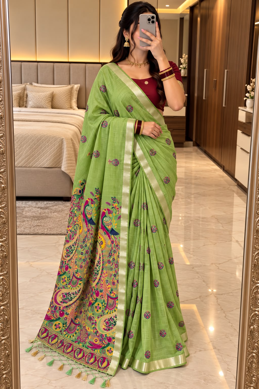 Twirling Green Pure Munga Cotton Silk Saree With Symmetrical Blouse Piece