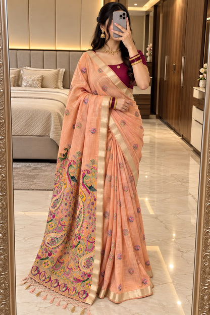 Dissemble Peach Pure Munga Cotton Silk Saree With Divine Blouse Piece
