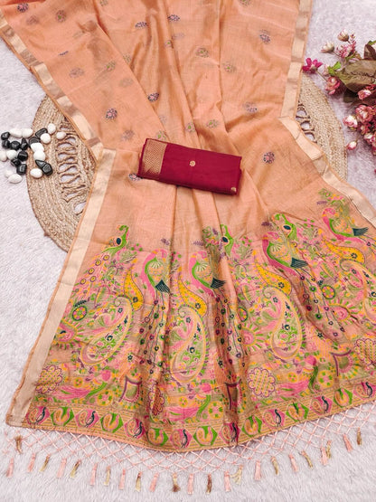 Dissemble Peach Pure Munga Cotton Silk Saree With Divine Blouse Piece