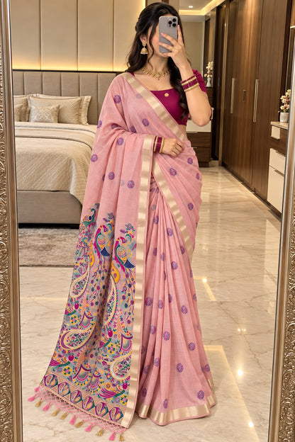 Glittering Pink Pure Munga Cotton Silk Saree With Jazzy Blouse Piece