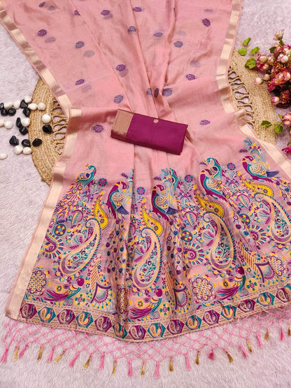 Glittering Pink Pure Munga Cotton Silk Saree With Jazzy Blouse Piece
