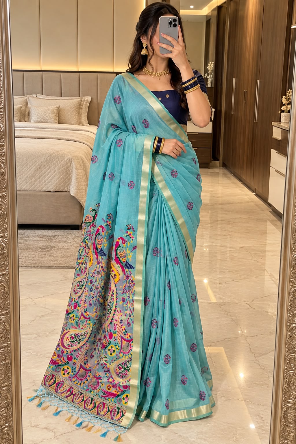 Cynosure Sky Pure Munga Cotton Silk Saree With Super classy Blouse Piece