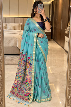 Cynosure Sky Pure Munga Cotton Silk Saree With Super classy Blouse Piece