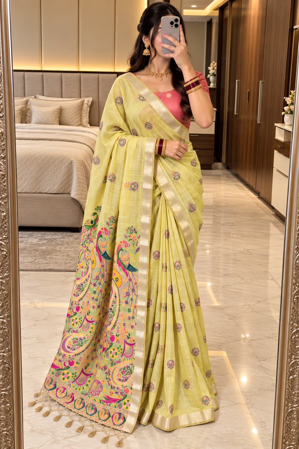 Tantalizing Yellow Pure Munga Cotton Silk Saree With Ethnic Blouse Piece