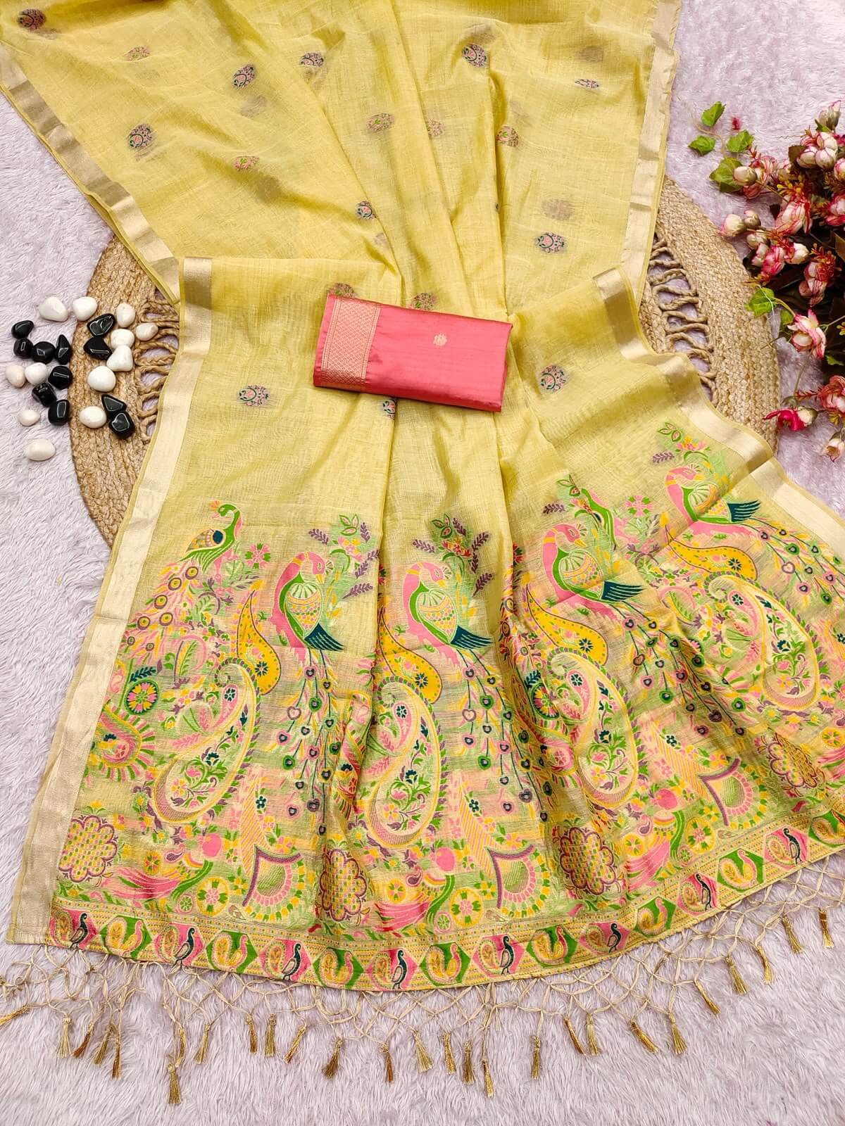 Tantalizing Yellow Pure Munga Cotton Silk Saree With Ethnic Blouse Piece