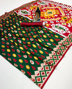 Desirable Dark Green Soft Banarasi Ikkat Saree With Serendipity Blouse Piece