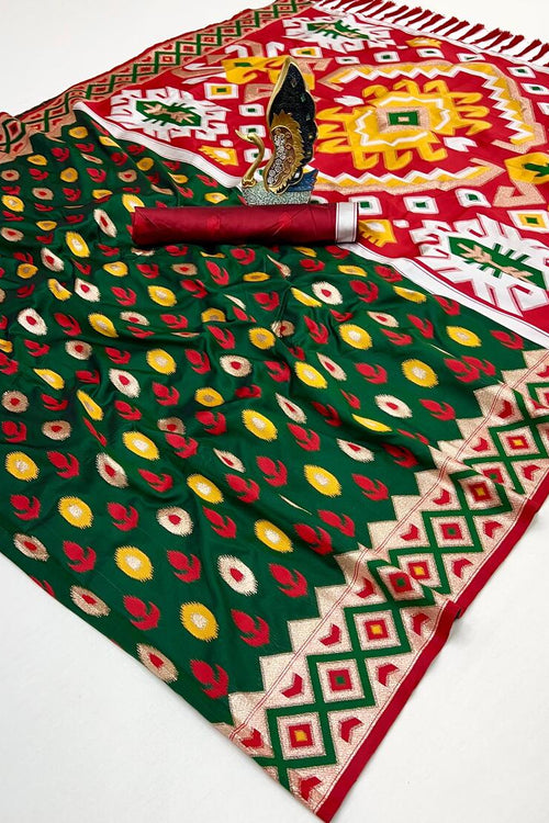 Load image into Gallery viewer, Desirable Dark Green Soft Banarasi Ikkat Saree With Serendipity Blouse Piece
