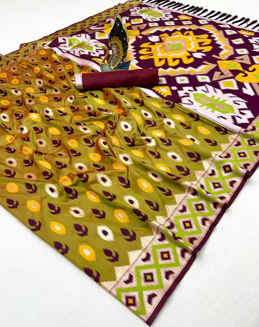 Prodigal Mehandi Soft Banarasi Ikkat Saree With Luxuriant Blouse Piece