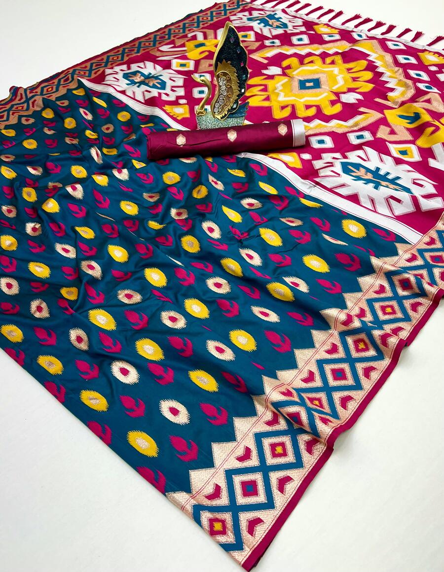 Glamorous Rama Soft Banarasi Ikkat Saree With Zephyr Blouse Piece