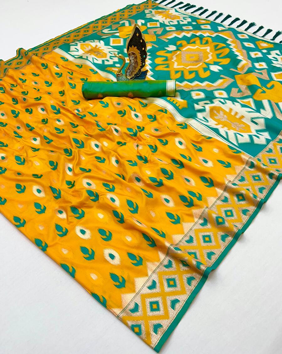 Girlish Yellow Soft Banarasi Ikkat Saree With Traditional Blouse Piece