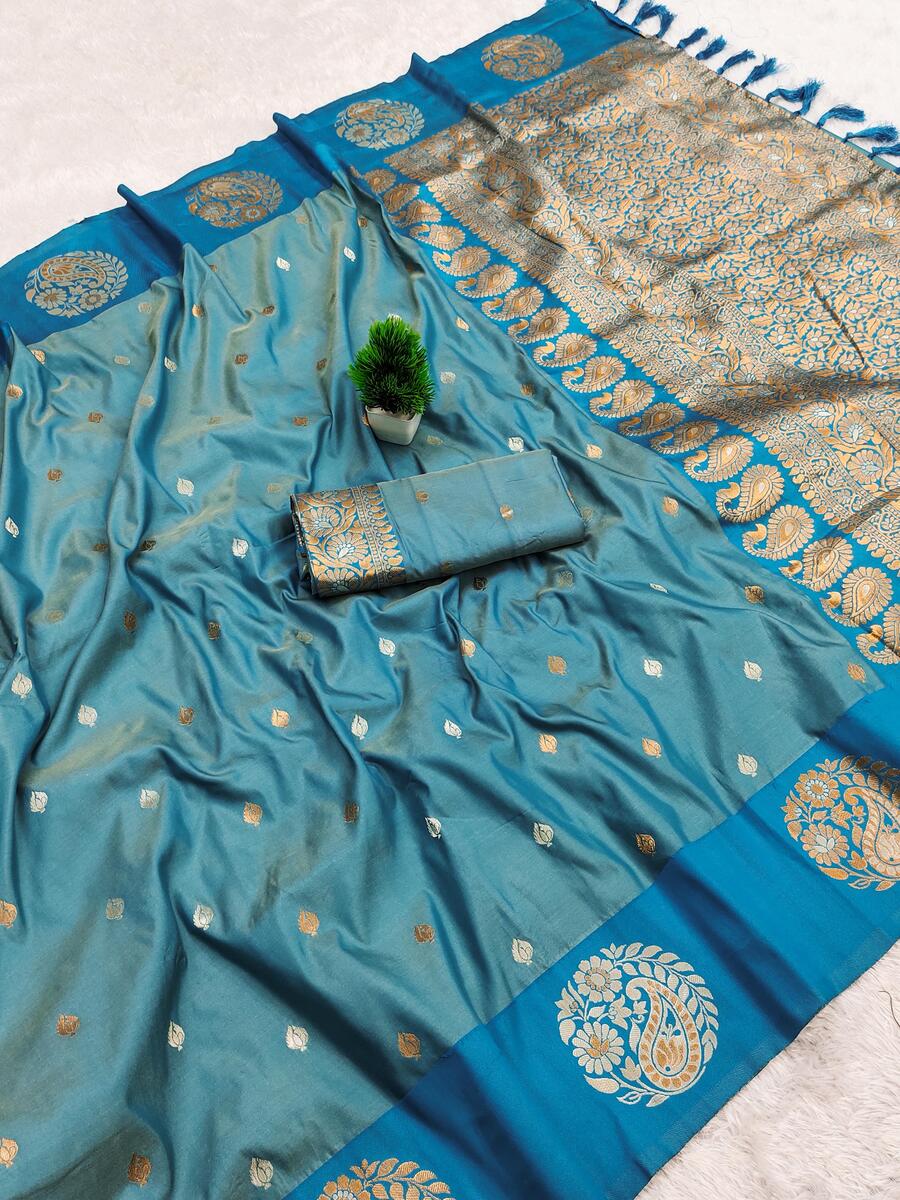 Winsome Firozi Soft Banarasi Silk Saree With Verdant Blouse Piece