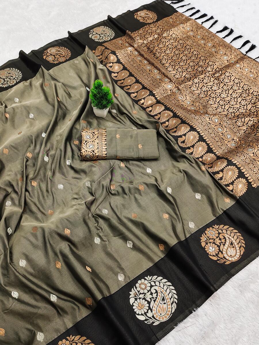 Fugacious Grey Soft Banarasi Silk Saree With Extraordinary Blouse Piece