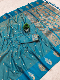 Efflorescence Firozi Soft Banarasi Silk Saree With Lissome Blouse Piece