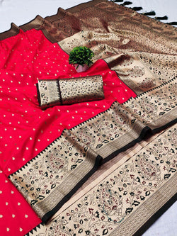 Scrumptious Red Soft Banarasi Silk Saree With Arresting Blouse Piece