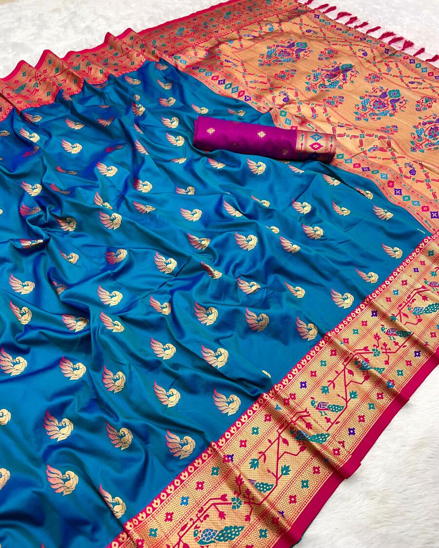 Beautiful Blue Paithani Silk Saree With Opulent Blouse Piece