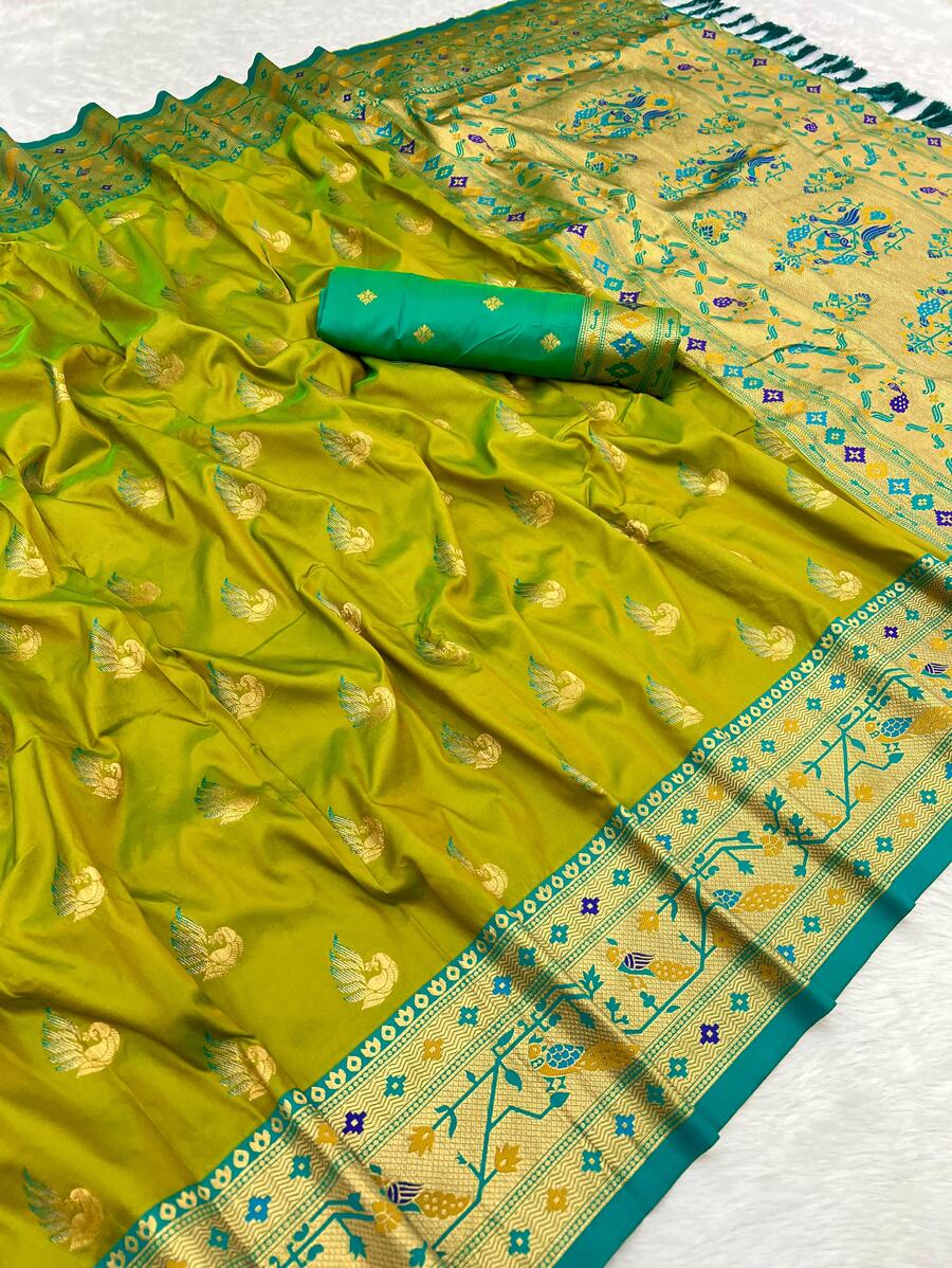 Ethnic Mehndi Paithani Silk Saree With Adorning Blouse Piece