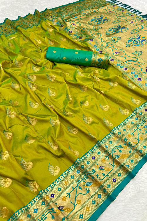 Load image into Gallery viewer, Ethnic Mehndi Paithani Silk Saree With Adorning Blouse Piece
