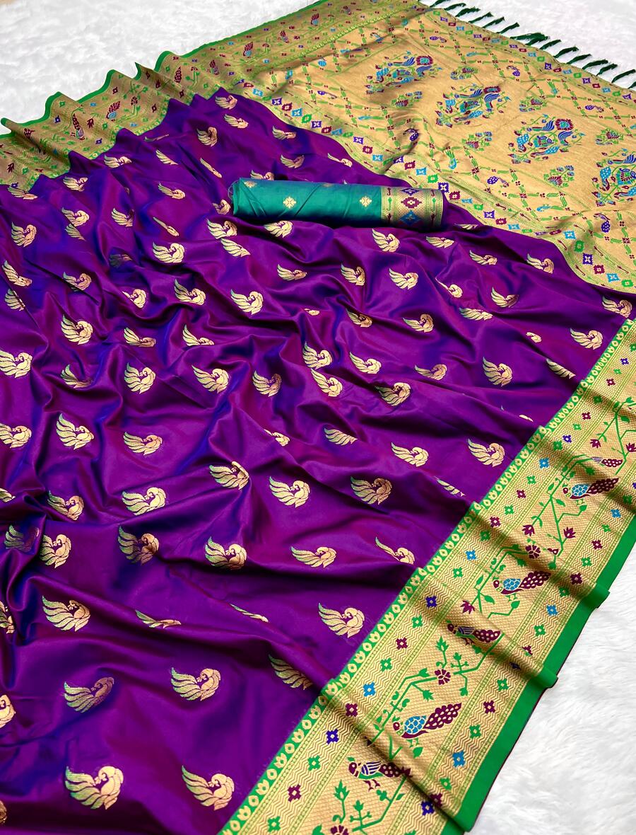 Ephemeral Purple Paithani Silk Saree With Effulgent Blouse Piece