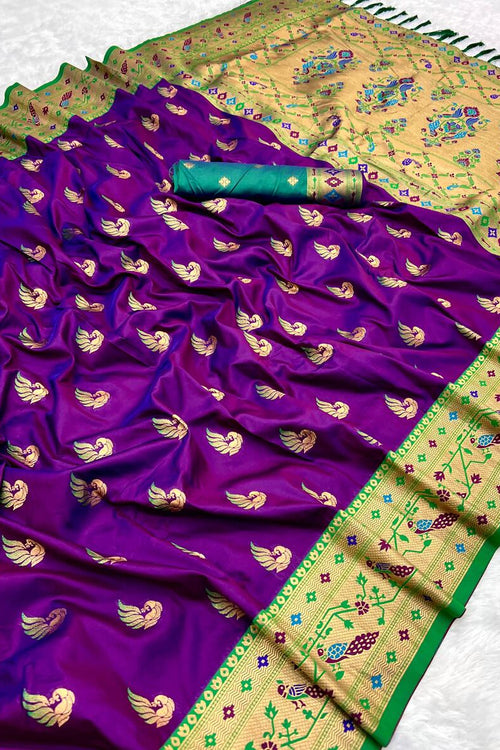 Load image into Gallery viewer, Ephemeral Purple Paithani Silk Saree With Effulgent Blouse Piece
