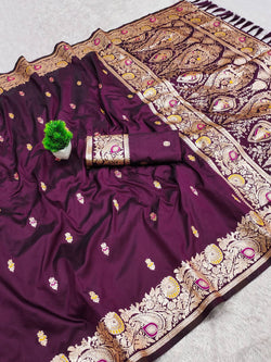 Rhapsodic Wine Pure Banarasi Silk Saree With Precious Blouse Piece